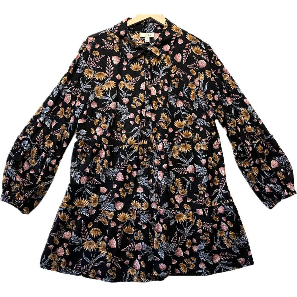 STYLE & CO Lightweight Semi Sheer Button Front Blouse Women's Size 1X Botanical